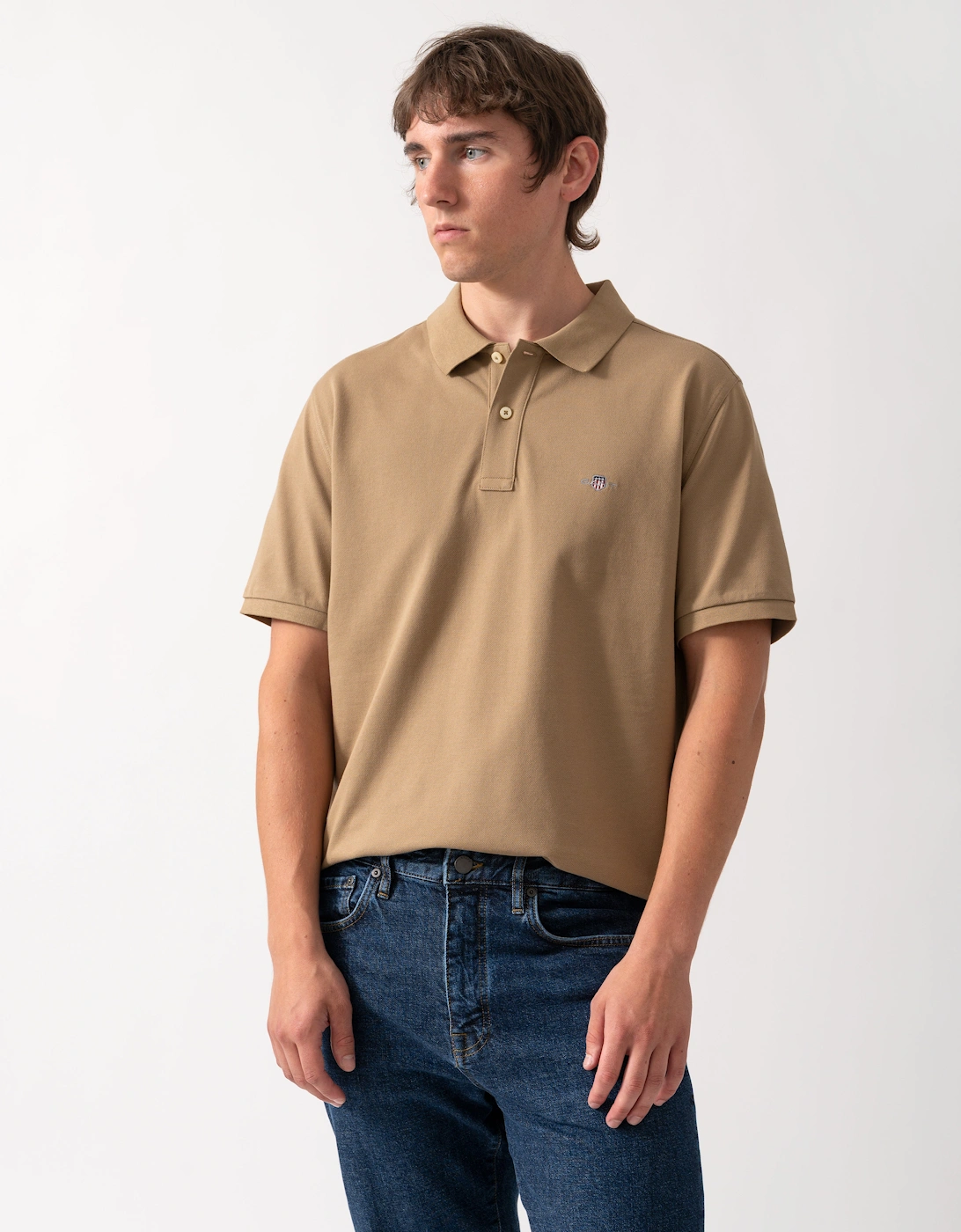 Gant Men's Brown Regular Fit Short Sleeve Shield Logo Pique Polo - 264 Light Taupe - Size 44