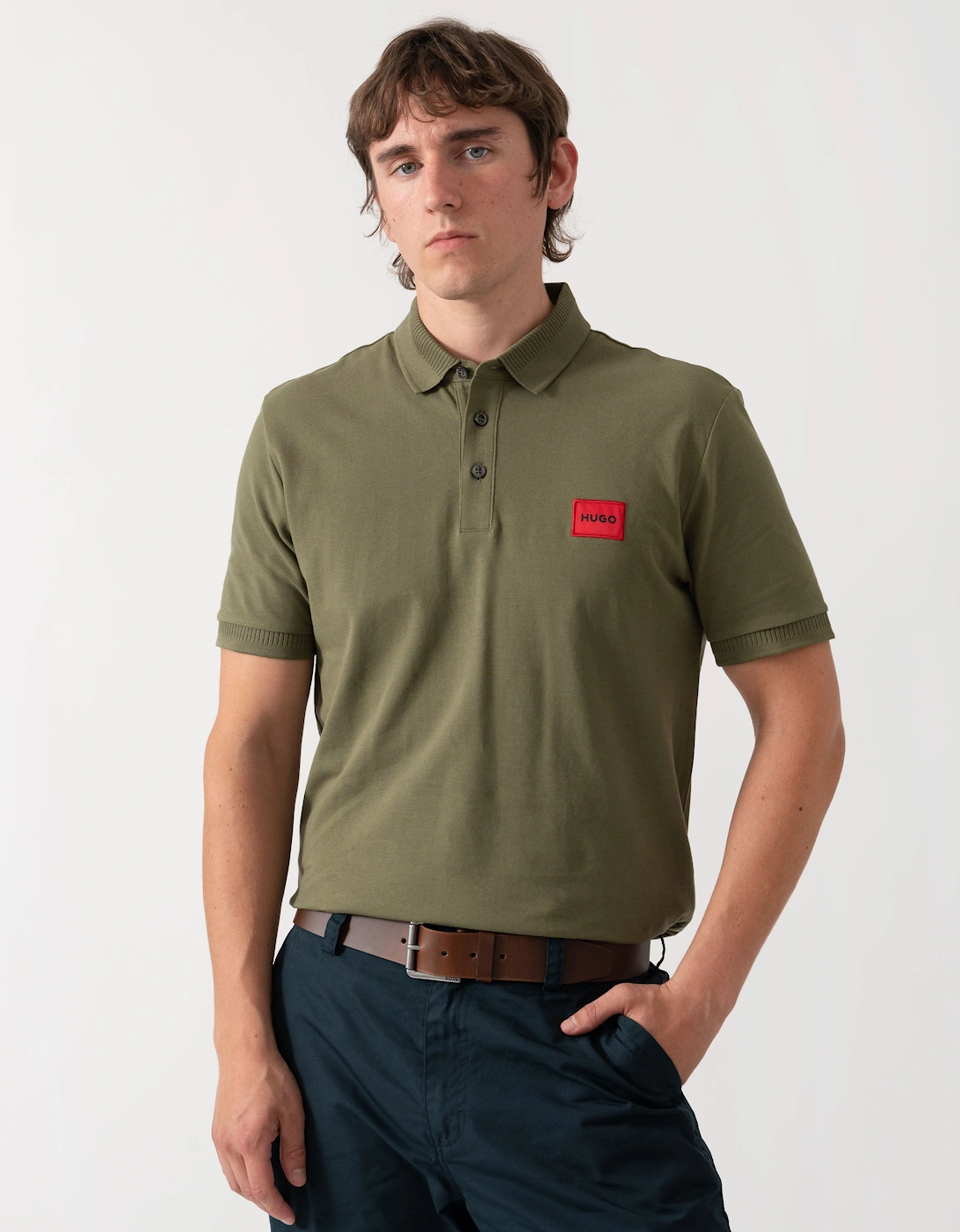HUGO Dereso222 Mens Cotton Piqué Slim-Fit Polo Shirt with Logo Label - Open Green 388, 5 of 4