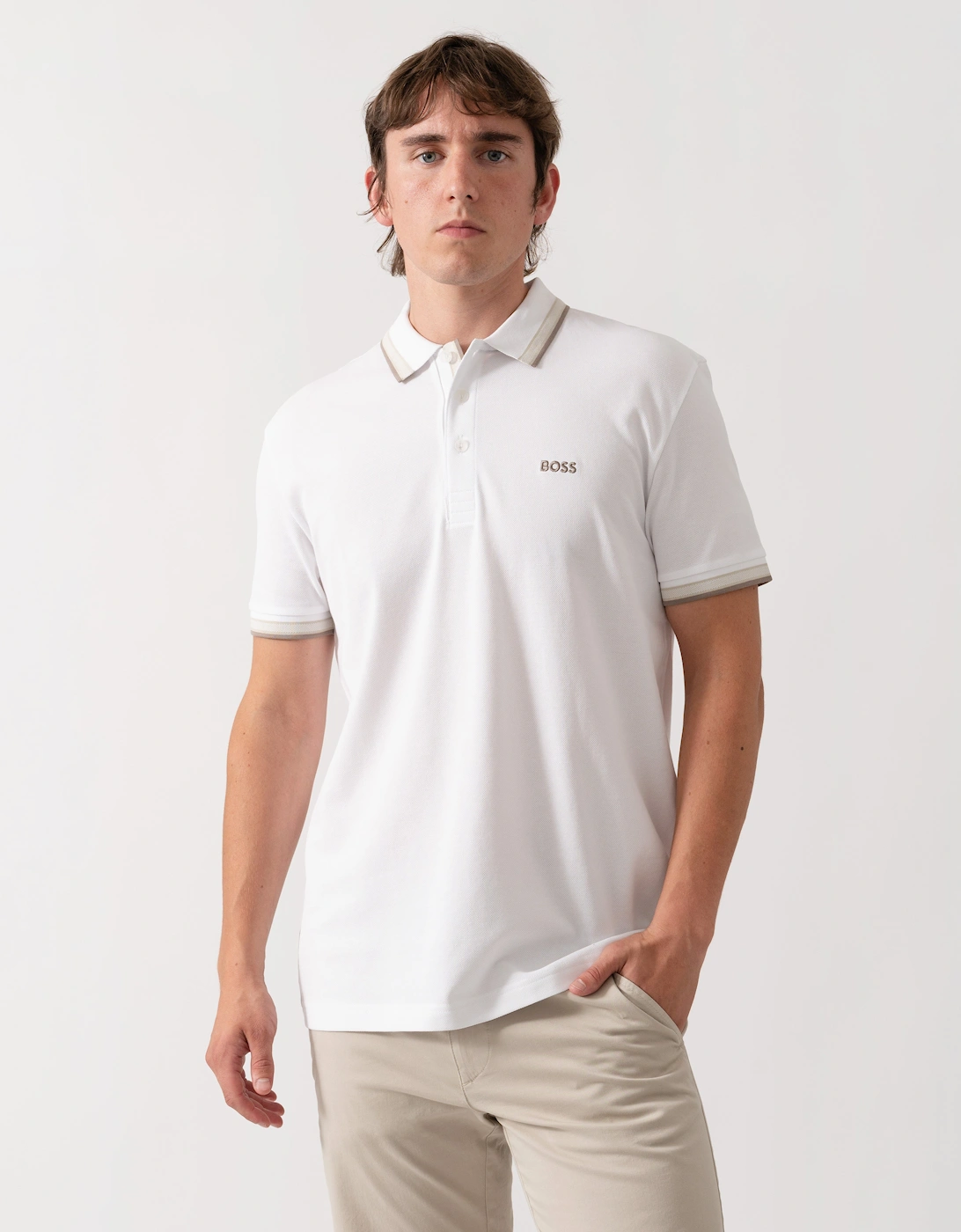 BOSS Green Paddy Mens Cotton-Piqué Polo Shirt with Contrast Logo - Open White 116, 5 of 4