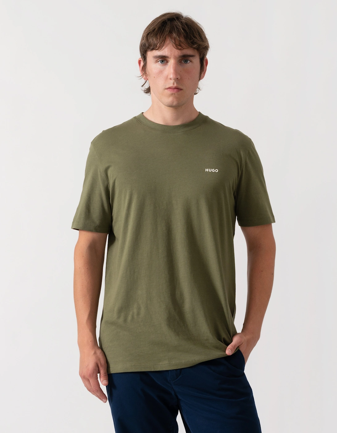 HUGO Dero222 Mens Cotton-Jersey T-Shirt with Logo Print - Open Green 388, 5 of 4