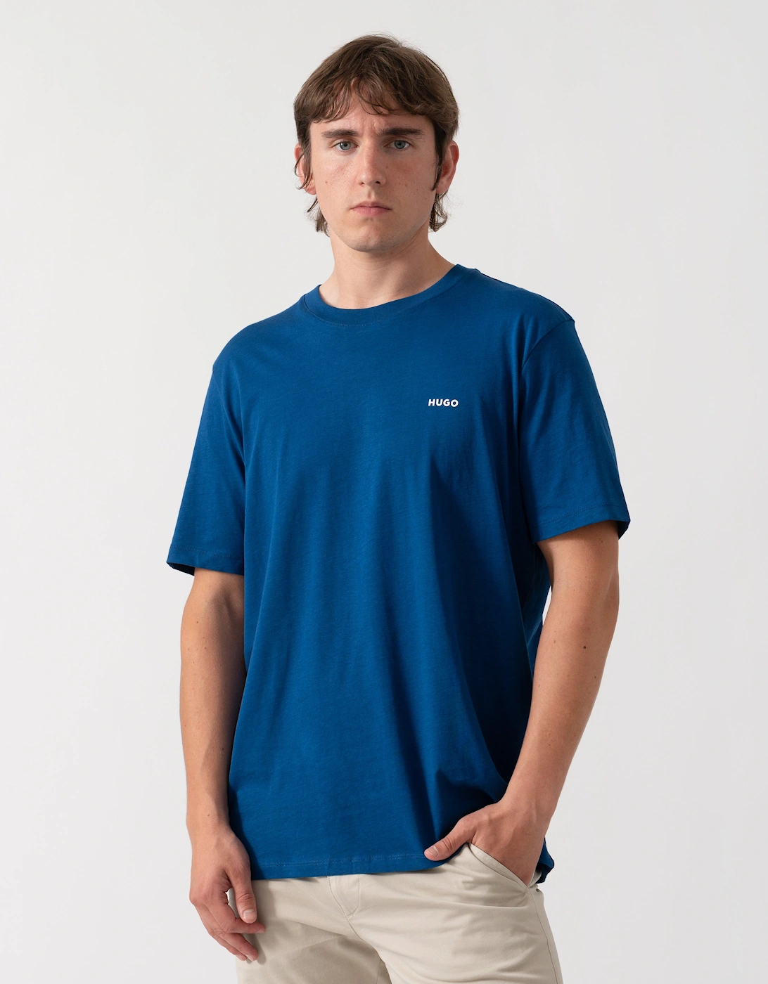 HUGO Dero222 Mens Cotton-Jersey T-Shirt with Logo Print - Open Blue 497