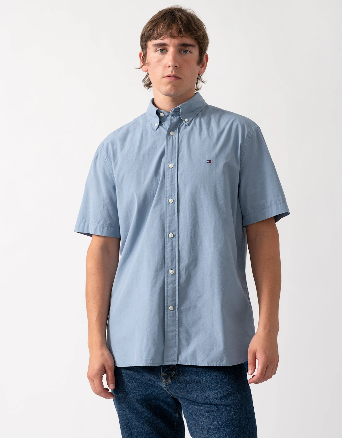 Tommy Hilfiger Men's Blue Gmd Poplin Short Sleeve Shirt - Brisk - Size 40/Regular
