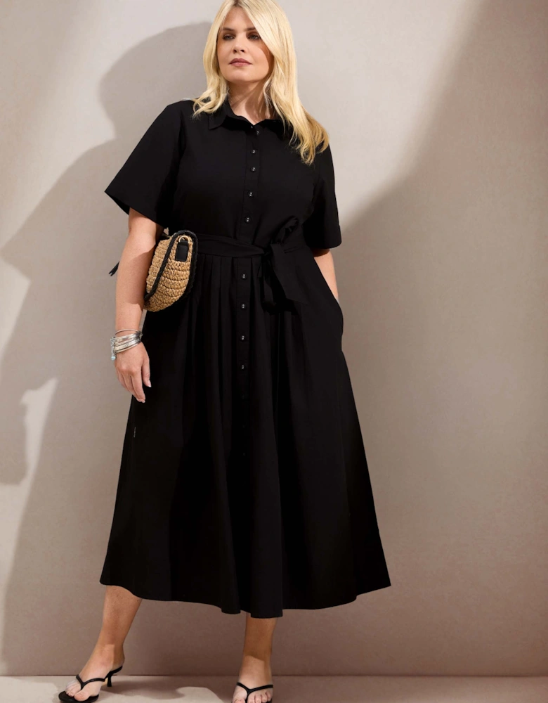 Black Cotton Poplin Short Sleeve Maxi Shirtdress