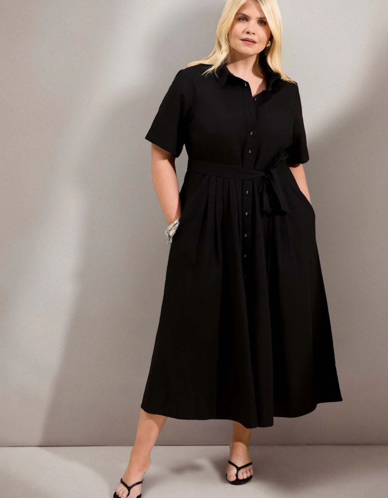 Black Cotton Poplin Short Sleeve Maxi Shirtdress