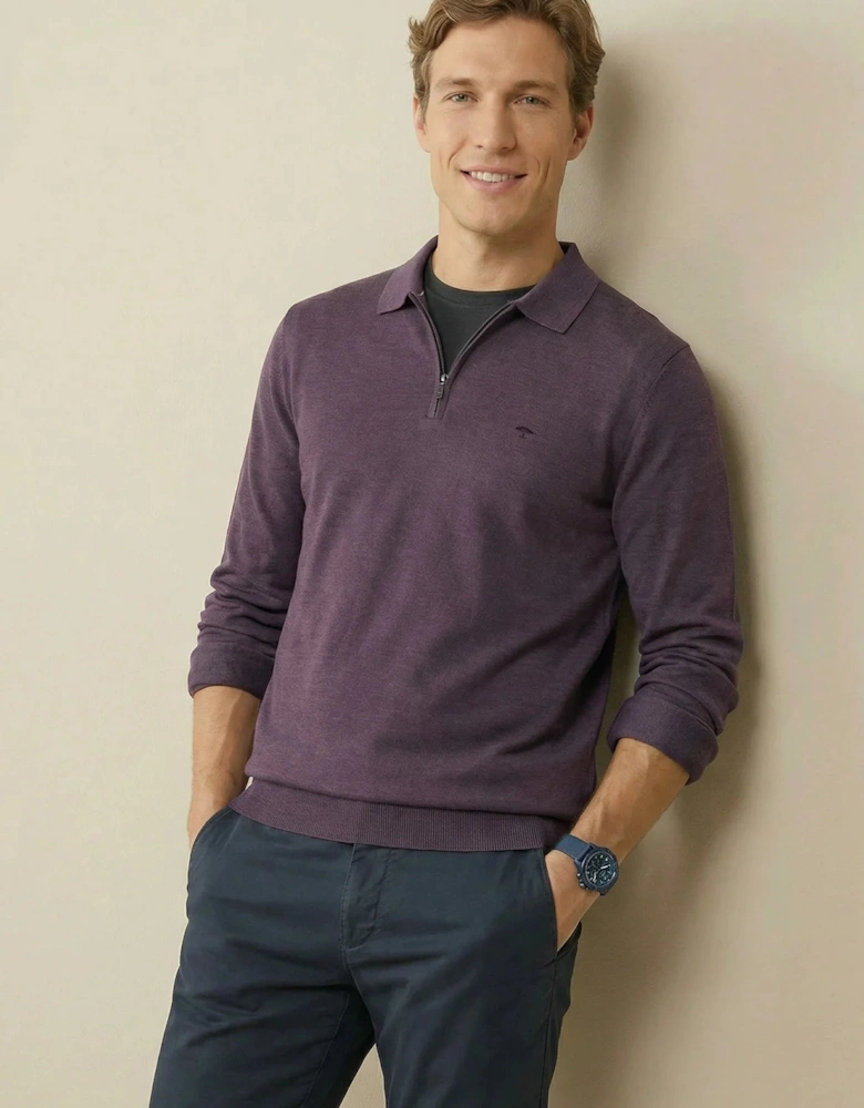 Zip Neck Polo Collar Knit Aubergine