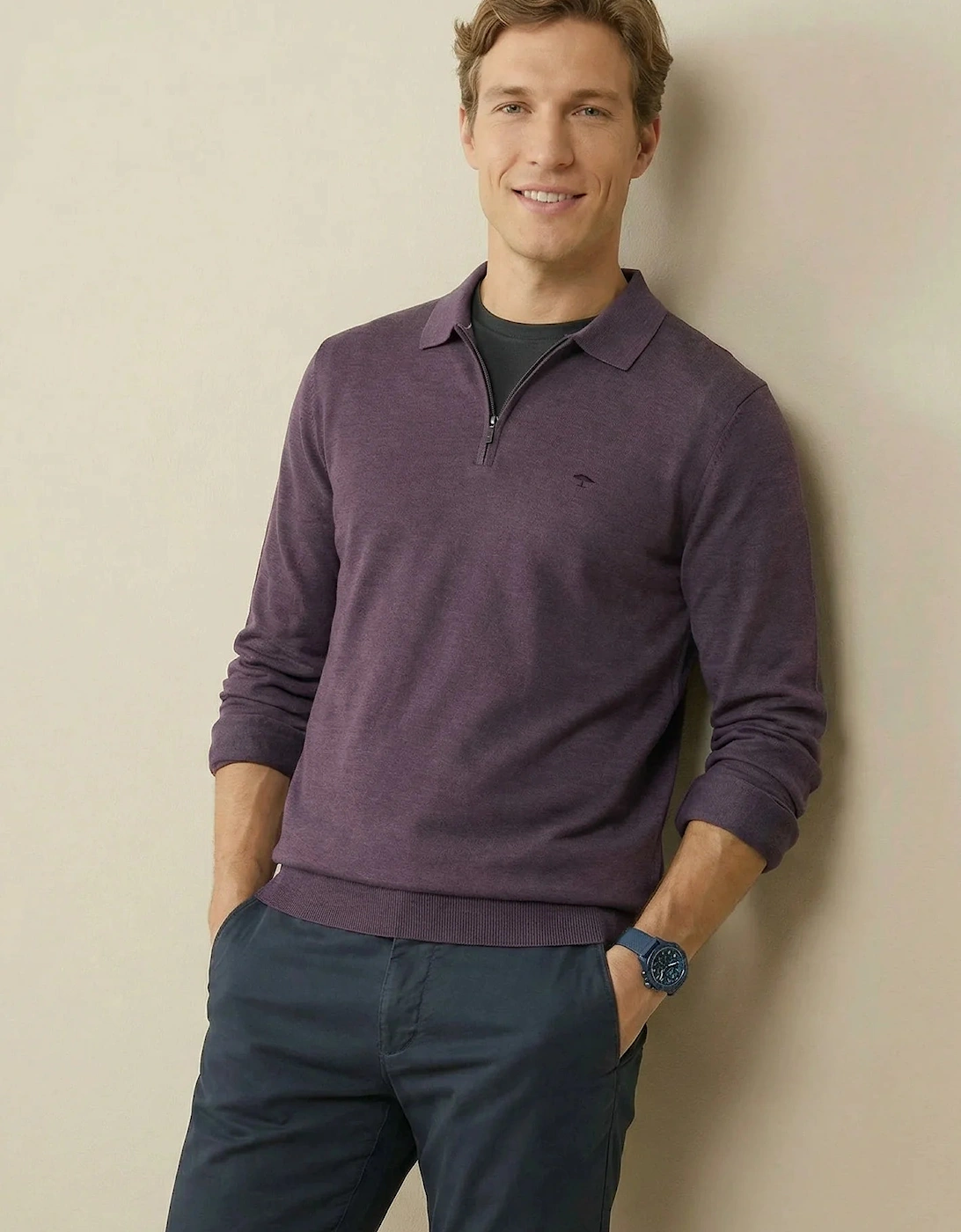 Zip Neck Polo Collar Knit Aubergine