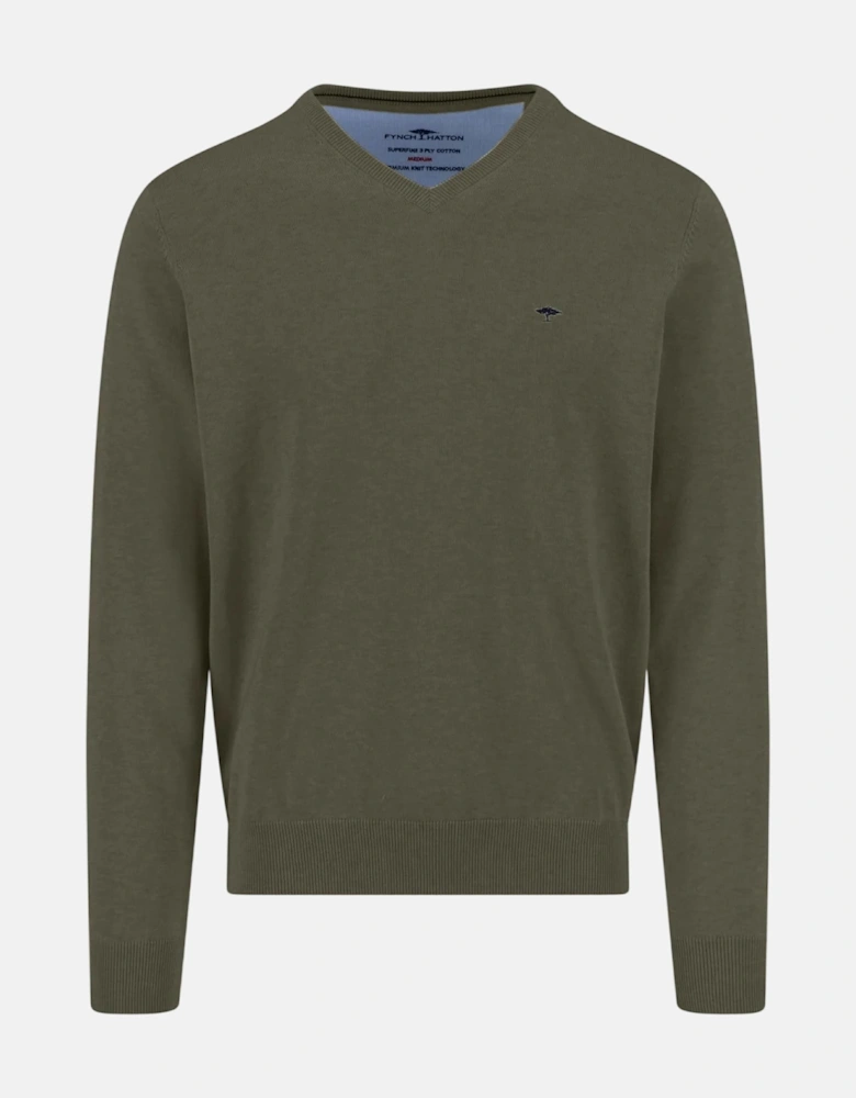 V-Neck Fine Knit Cotton Sweater Dark Khaki