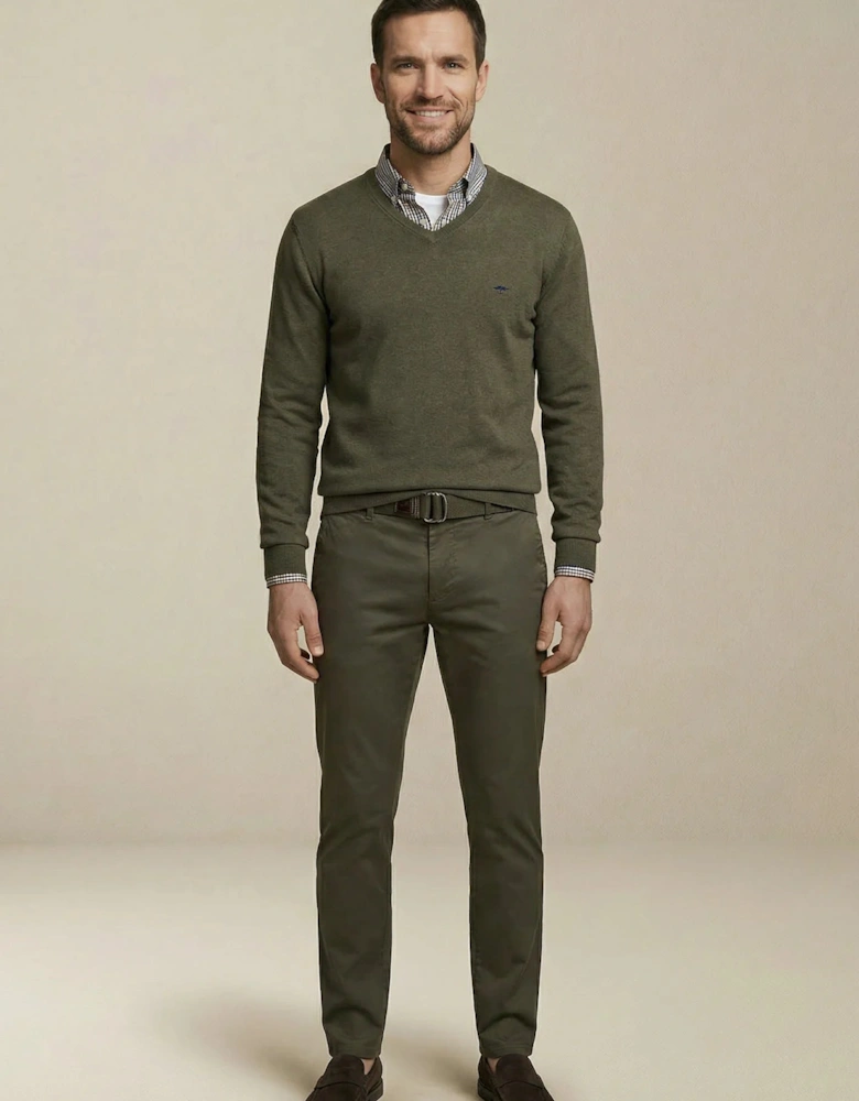 V-Neck Fine Knit Cotton Sweater Dark Khaki