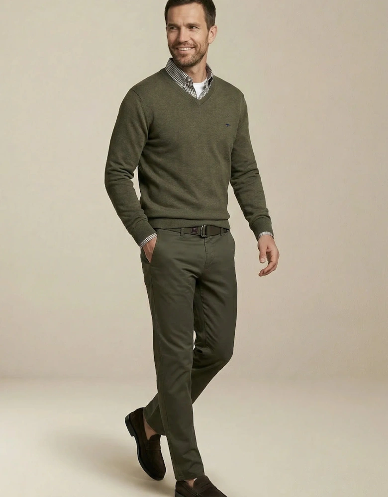 V-Neck Fine Knit Cotton Sweater Dark Khaki