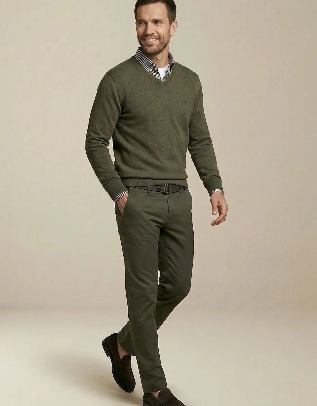 V-Neck Fine Knit Cotton Sweater Dark Khaki