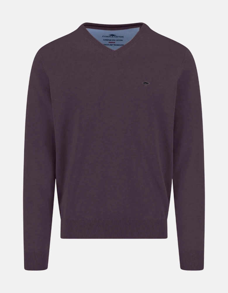 V-Neck Fine Knit Cotton Sweater Aubergine