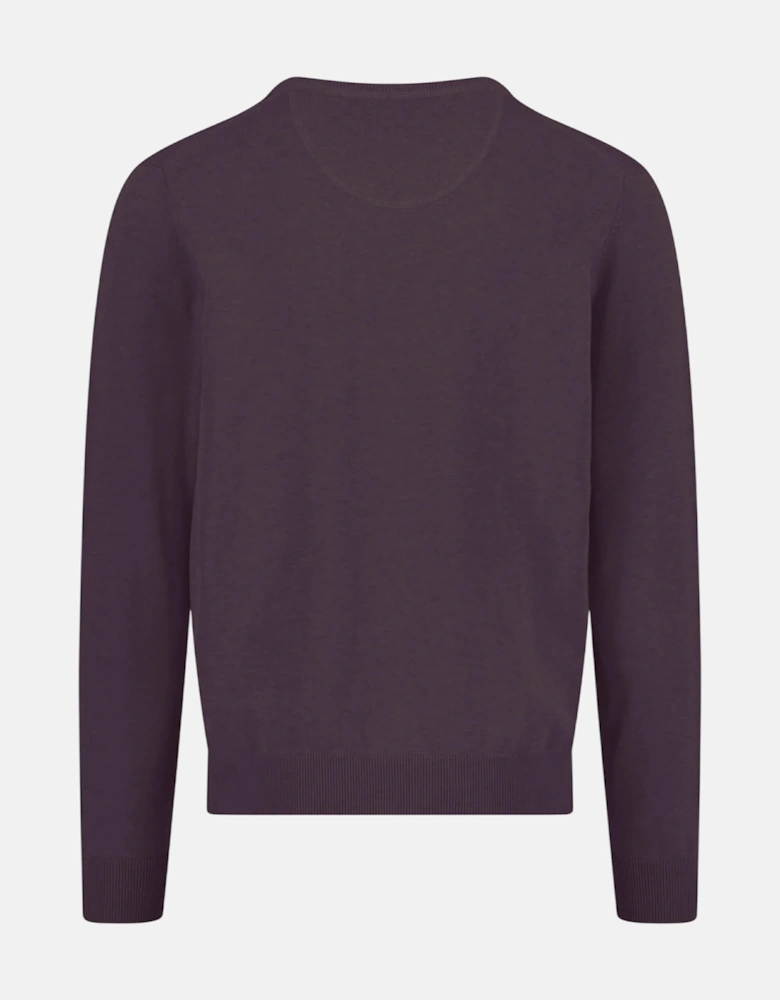 V-Neck Fine Knit Cotton Sweater Aubergine