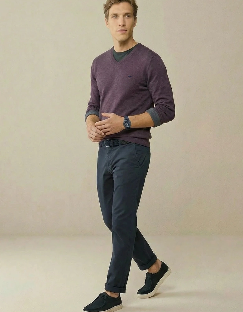 V-Neck Fine Knit Cotton Sweater Aubergine