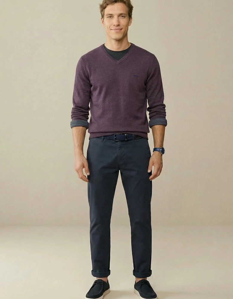 V-Neck Fine Knit Cotton Sweater Aubergine