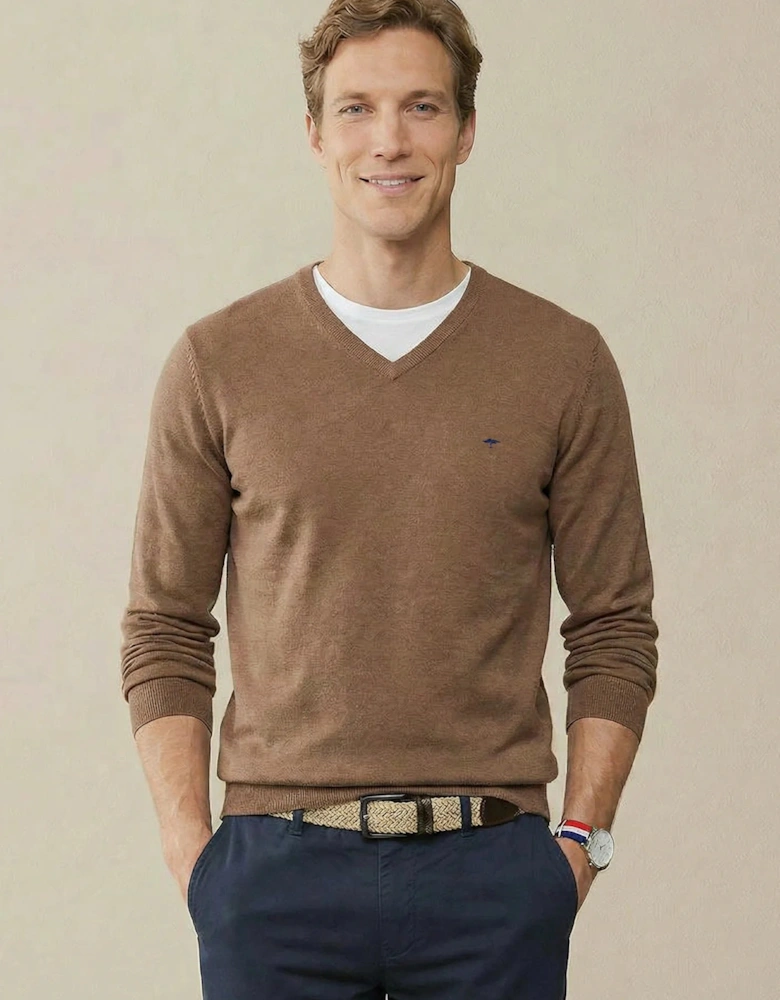 V-Neck Fine Knit Cotton Sweater Affogato