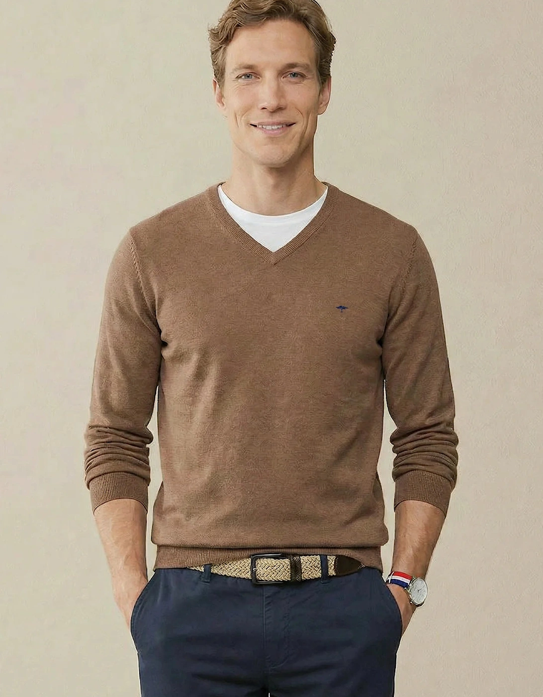 V-Neck Fine Knit Cotton Sweater Affogato