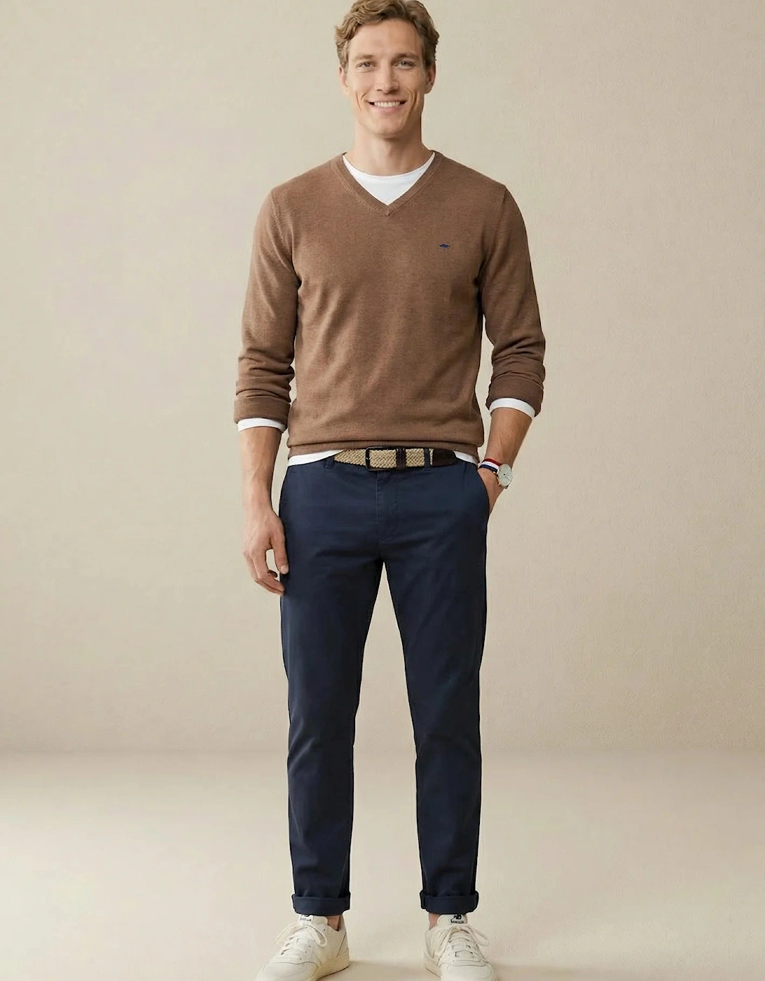 V-Neck Fine Knit Cotton Sweater Affogato
