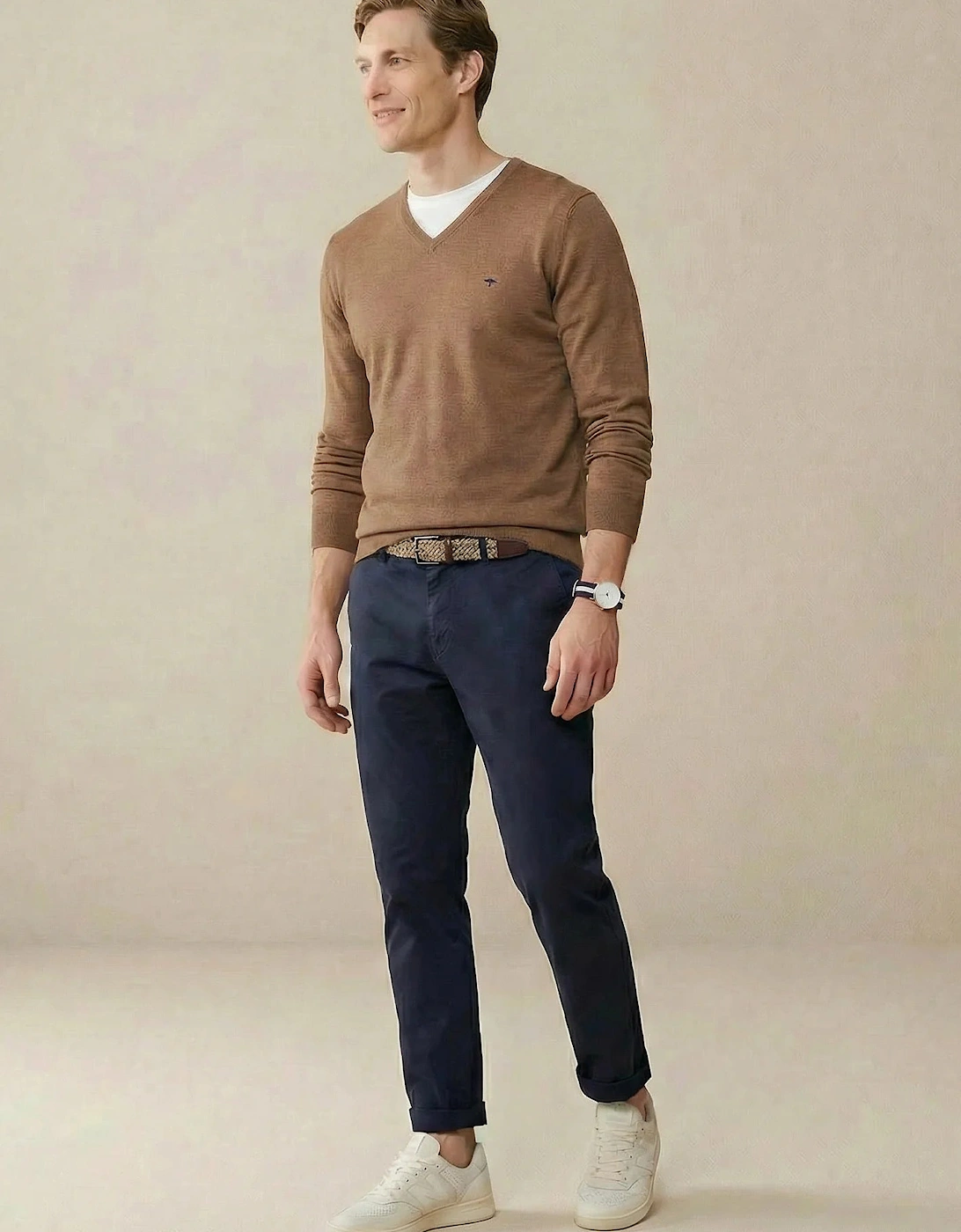 V-Neck Fine Knit Cotton Sweater Affogato