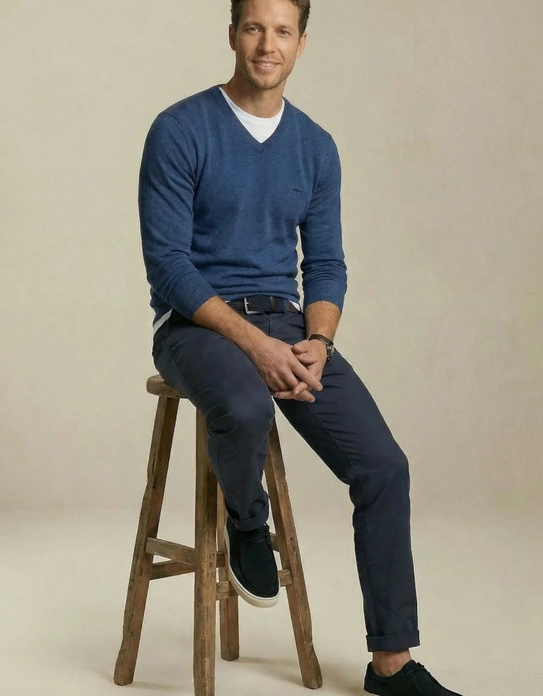 V-Neck Fine Knit Cotton Sweater Midnight