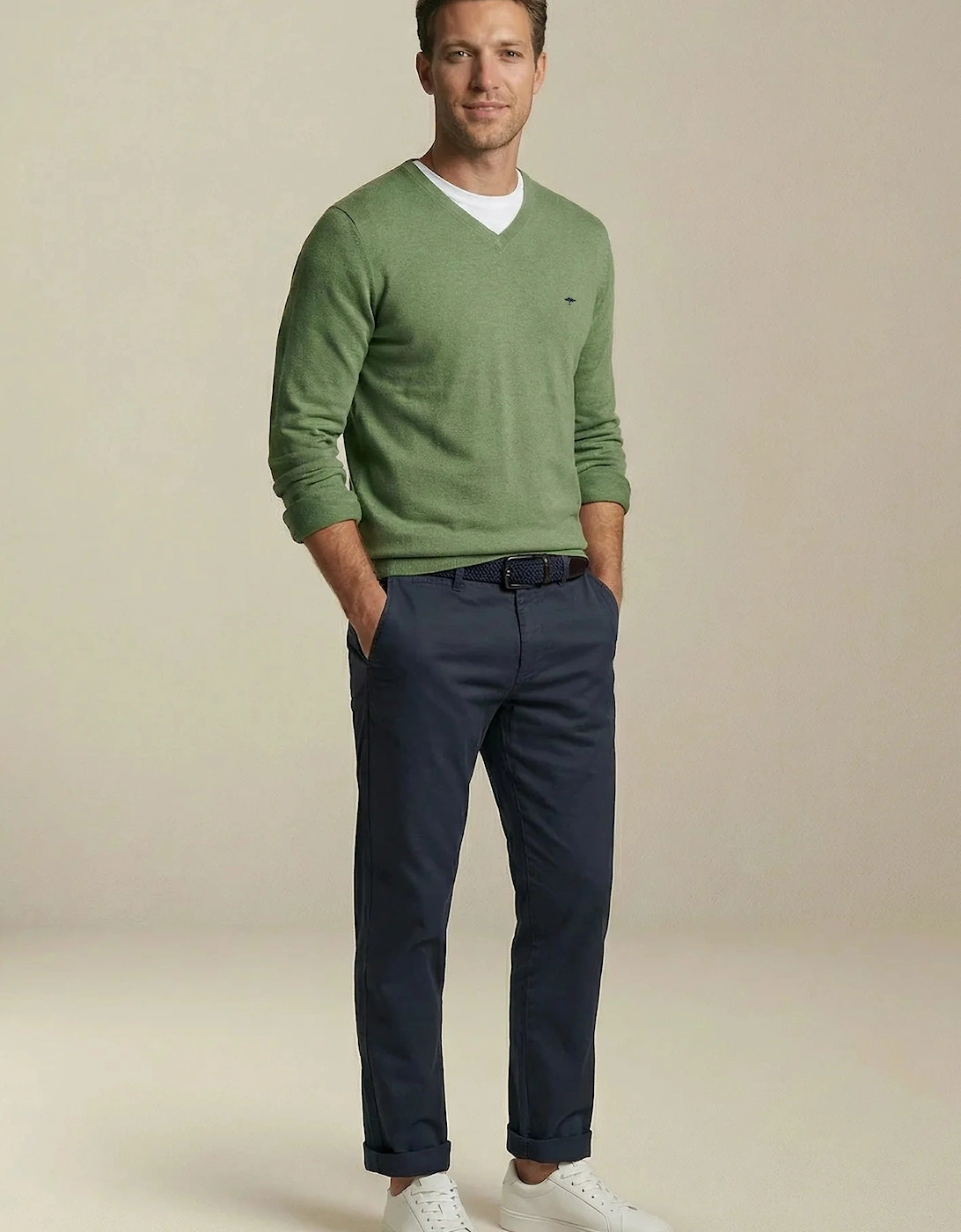 V-Neck Fine Knit Cotton Sweater Avocado