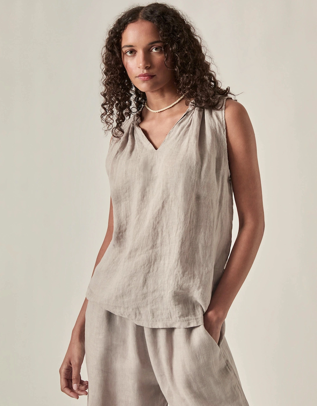 Taupe Pure Linen Sleeveless Top