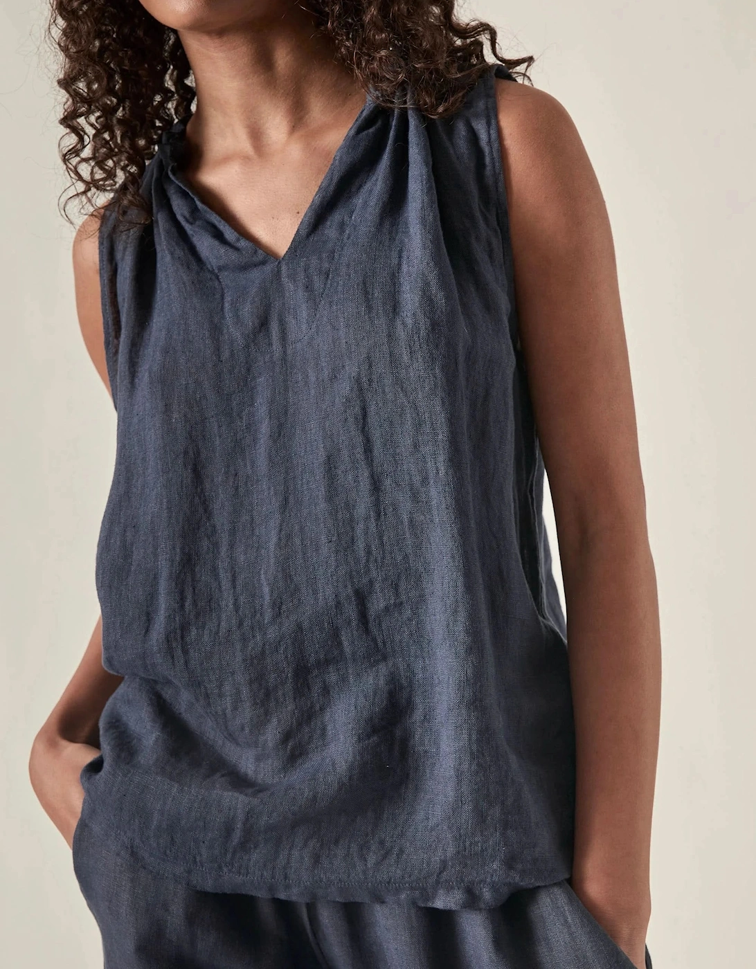 Navy Pure Linen Sleeveless Top