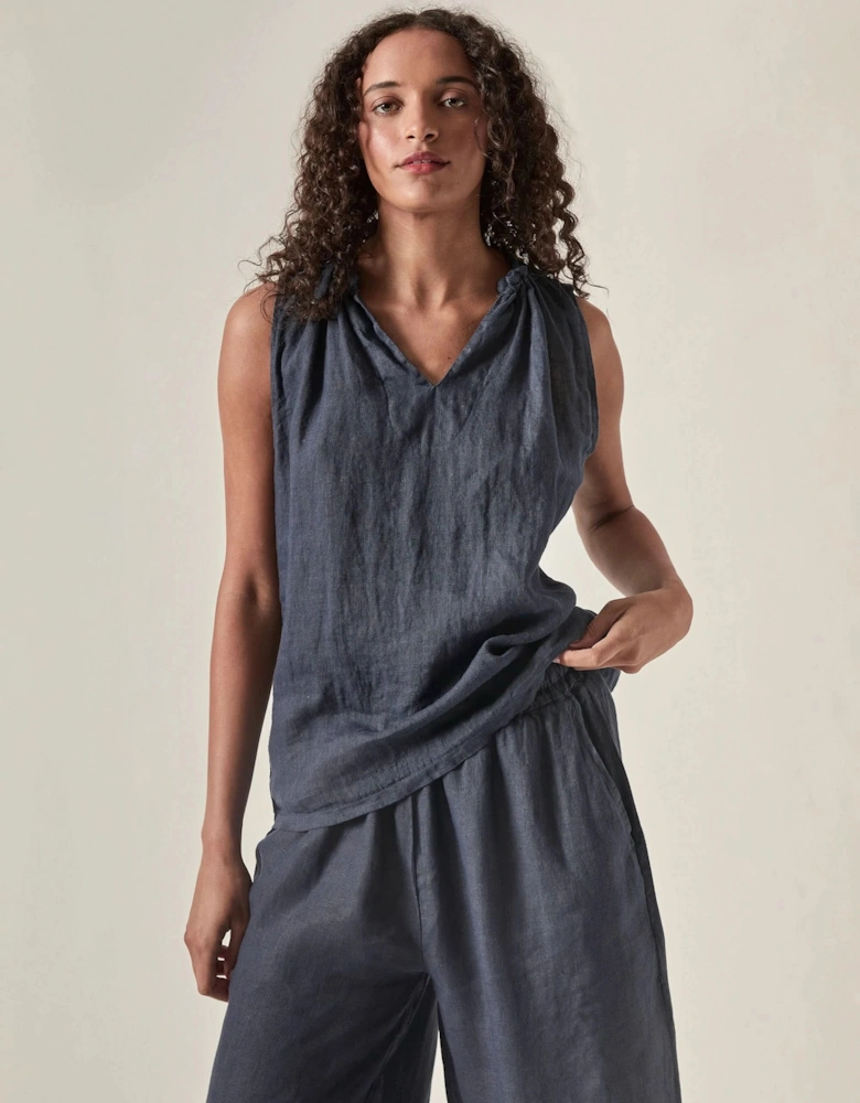 Navy Pure Linen Sleeveless Top