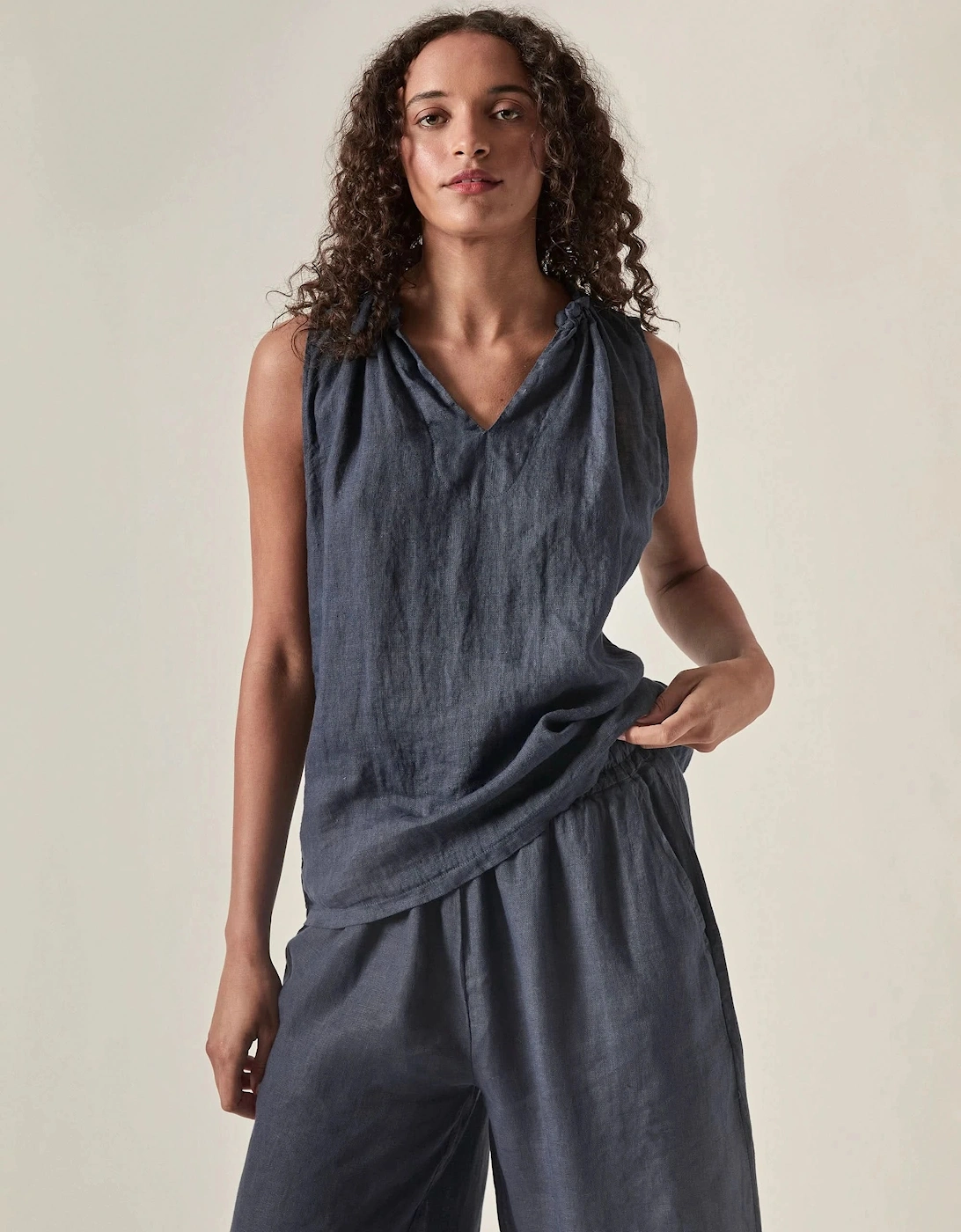 Navy Pure Linen Sleeveless Top