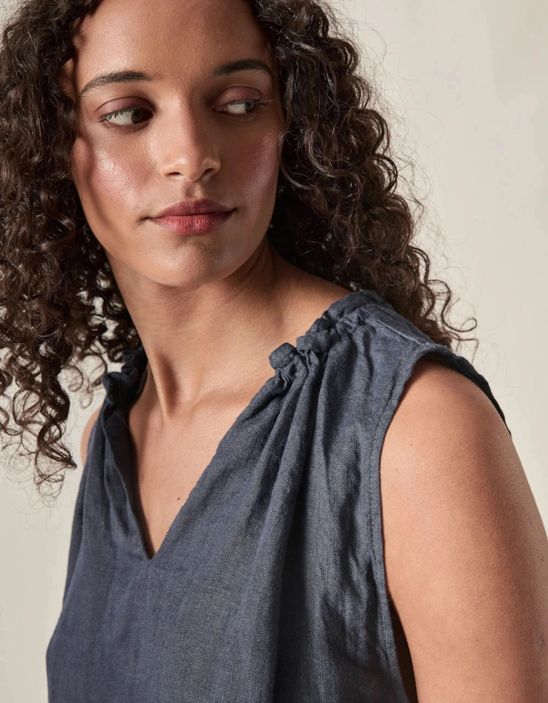 Navy Pure Linen Sleeveless Top