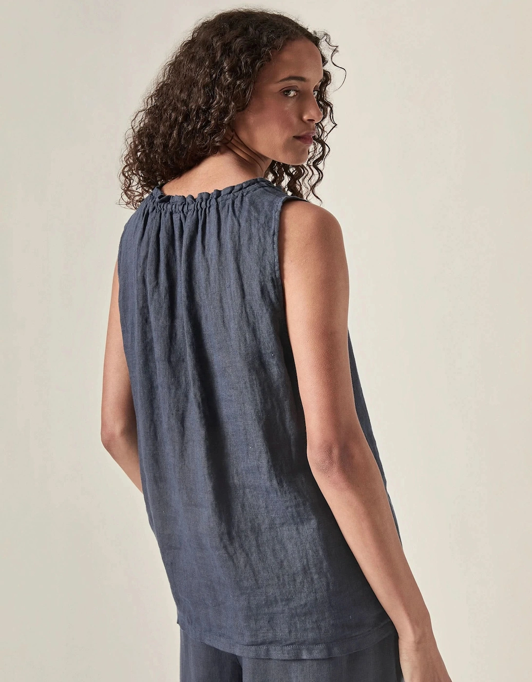 Navy Pure Linen Sleeveless Top