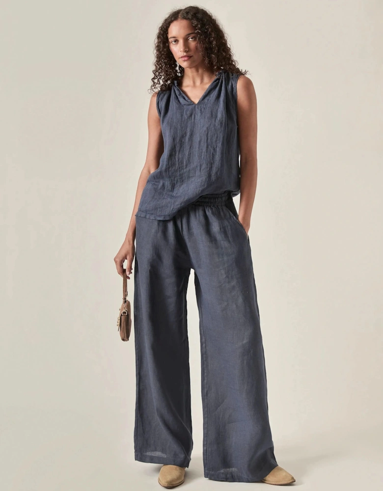 Navy Pure Linen Sleeveless Top
