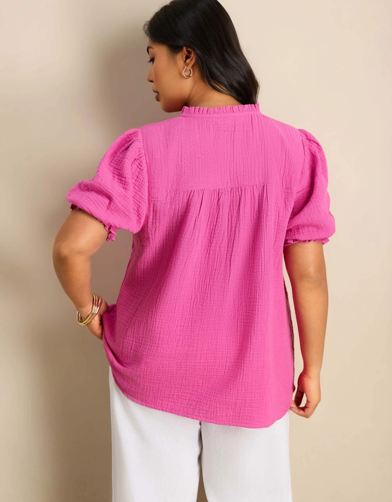 Pink Cheesecloth Puff Sleeve Blouse