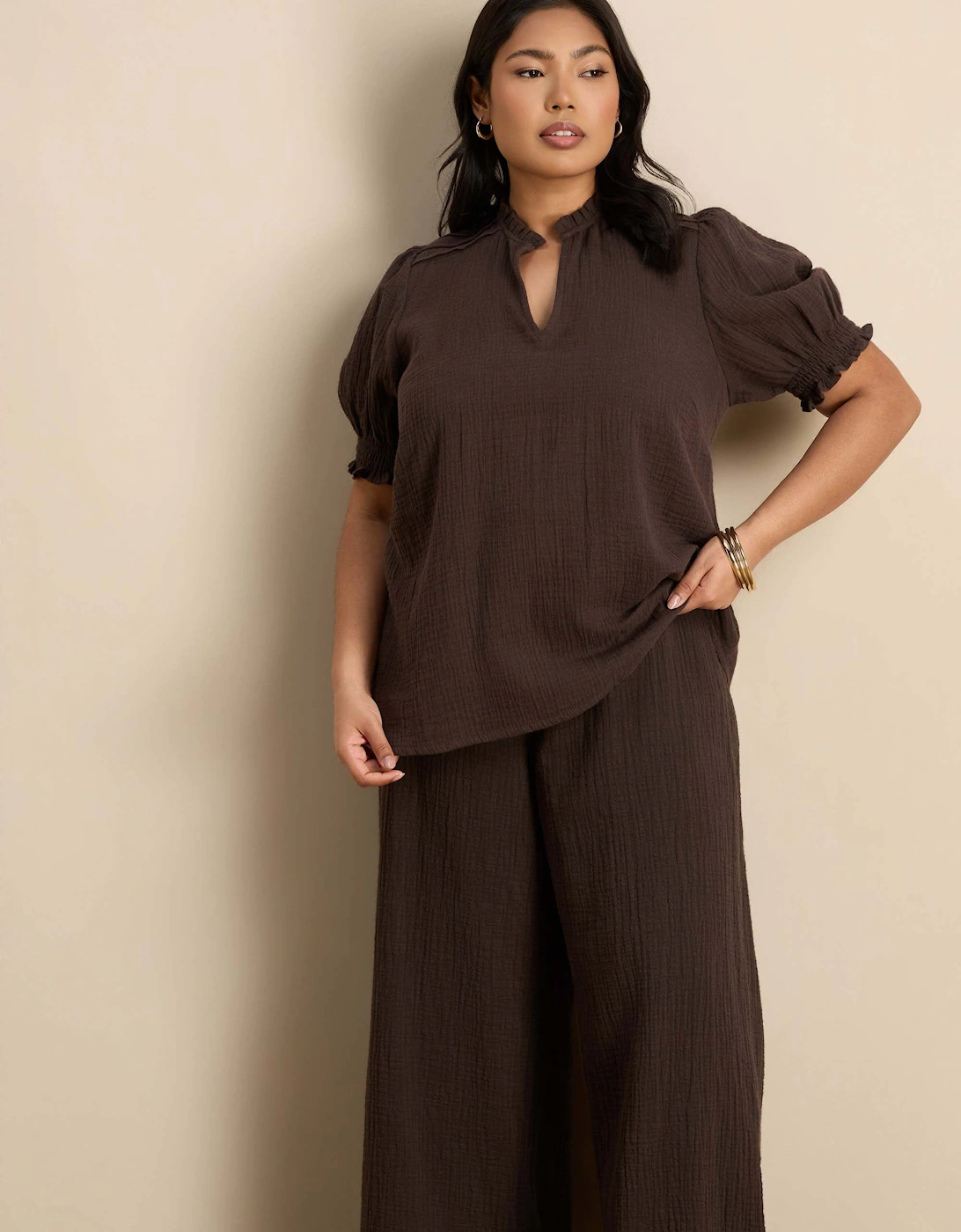 Chocolate Cheesecloth Wide Leg Trouser