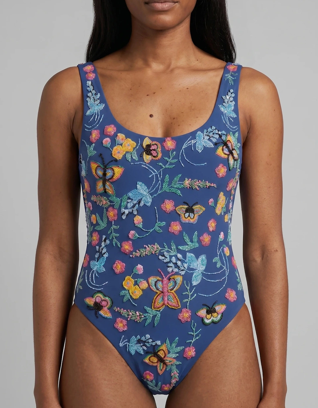 Alabama Floral Hand Embroidered One Piece Swimsuit Blue Cobalt