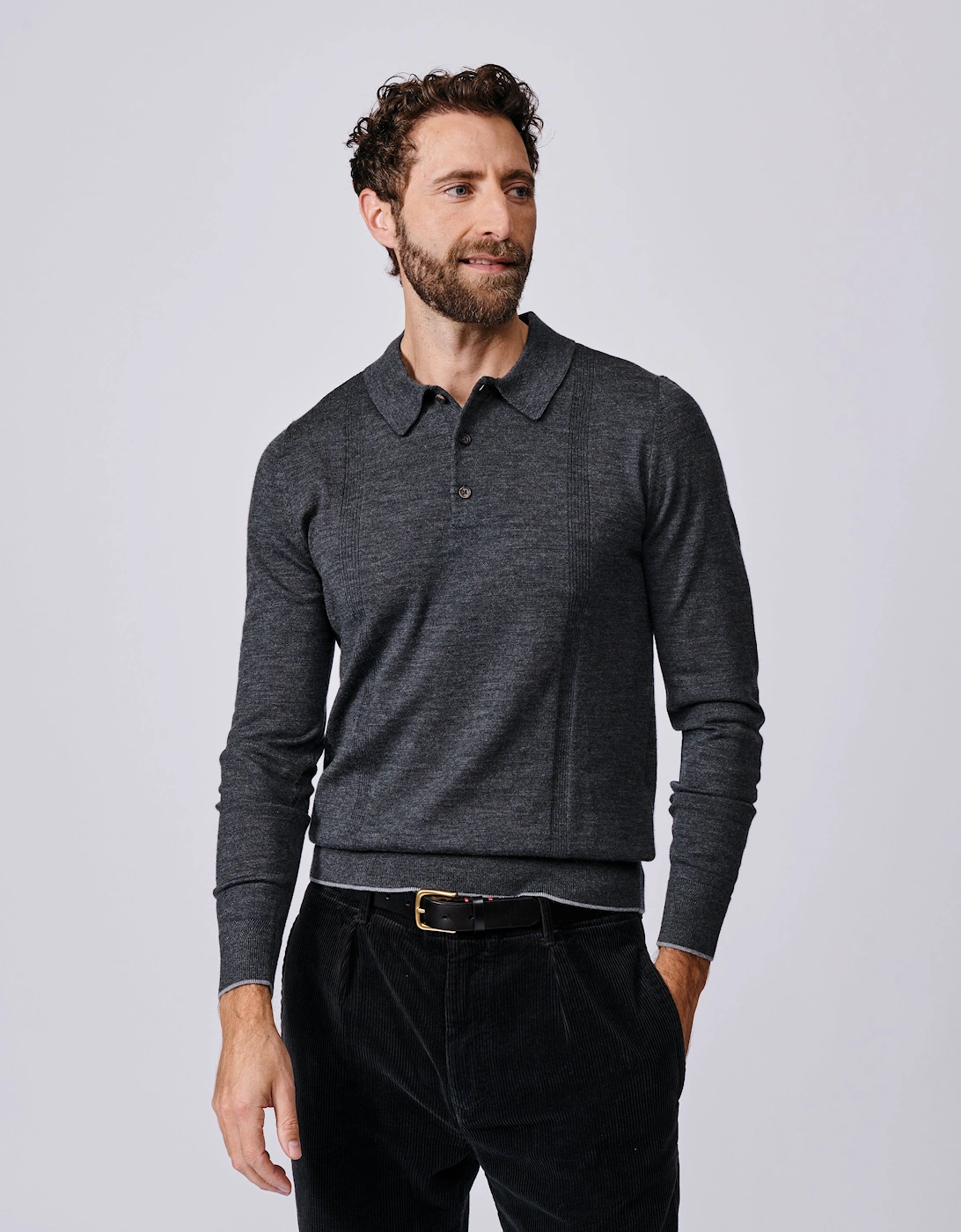 Elm Extra Fine Merino Textured Long Sleeve Polo