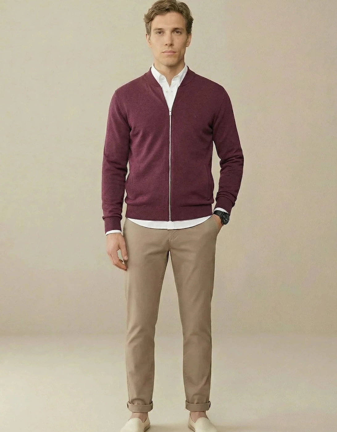Fine Knit Zipped Cardigan Deep Merlot