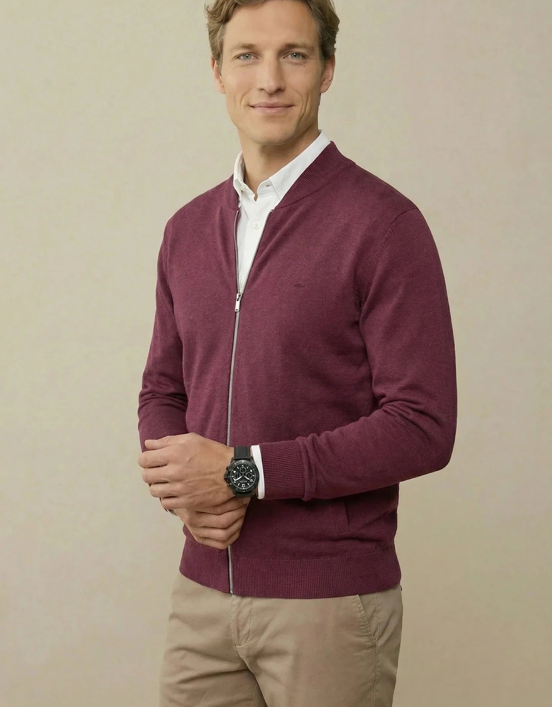 Fine Knit Zipped Cardigan Deep Merlot