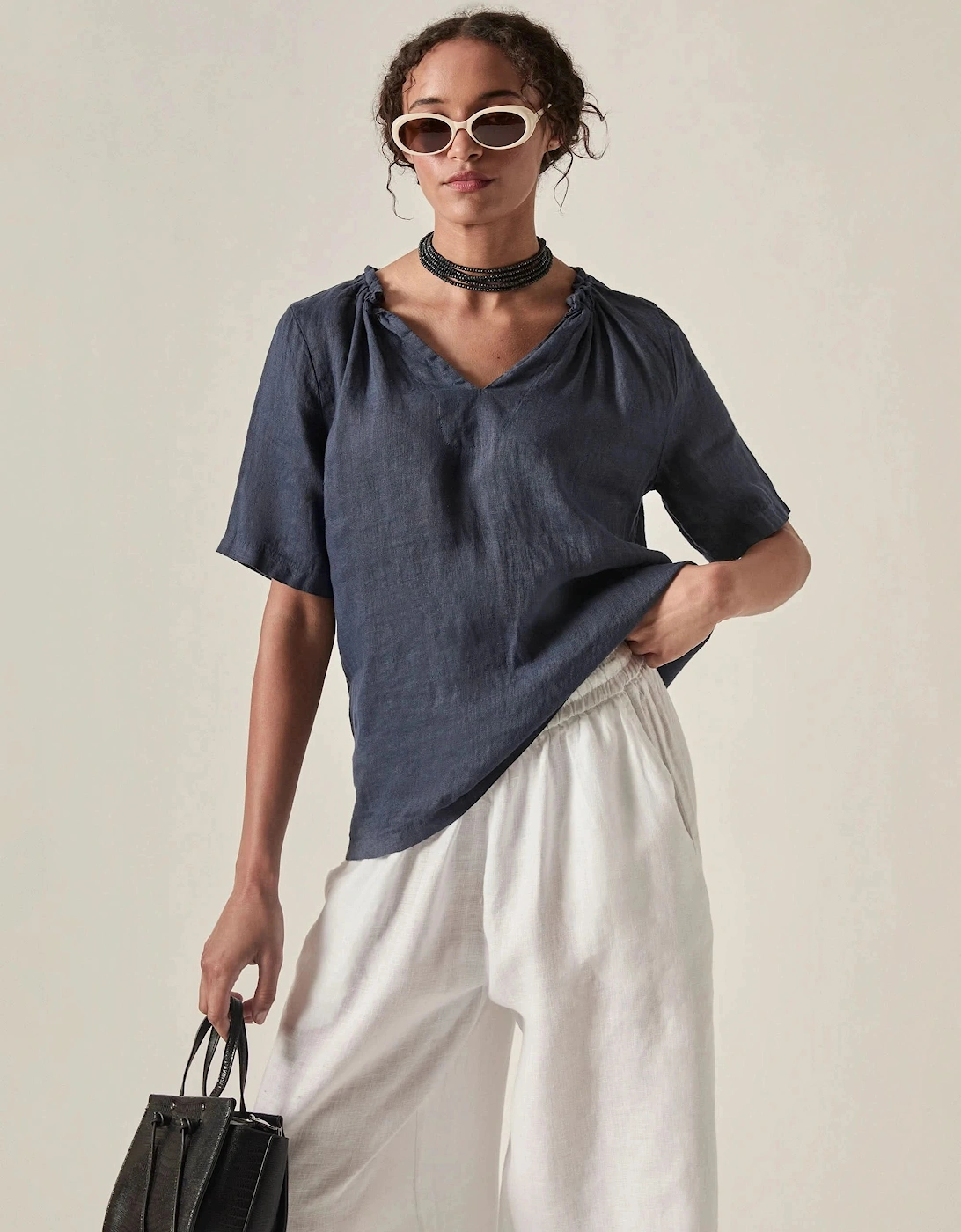 Navy Pure Linen Blouse