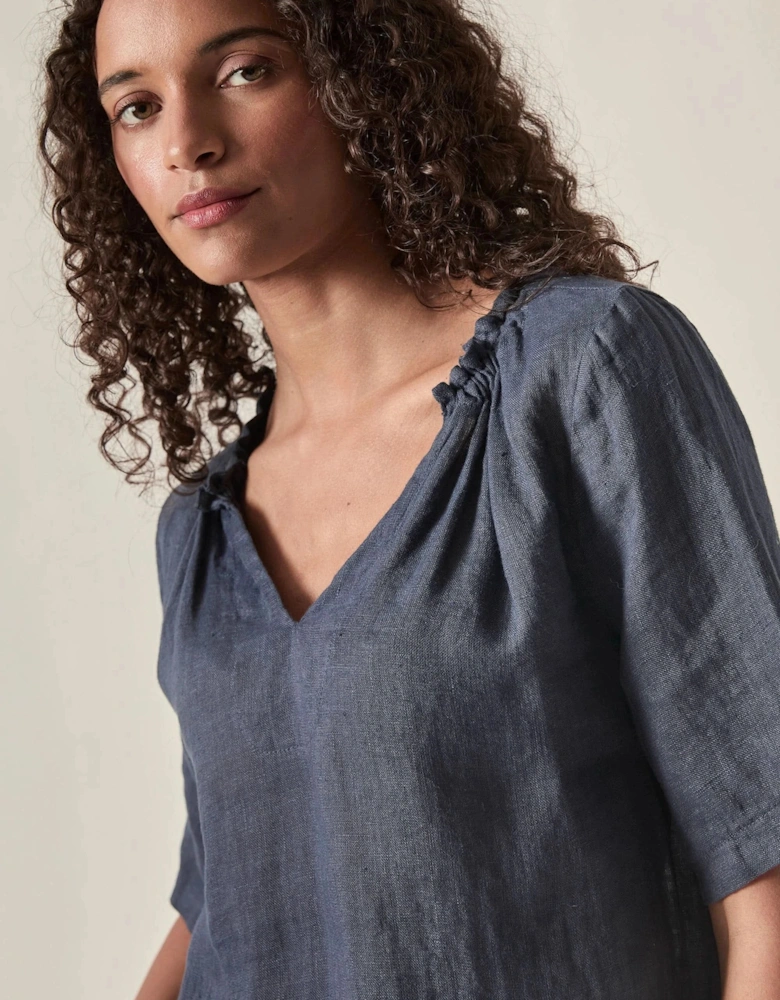 Navy Pure Linen Blouse