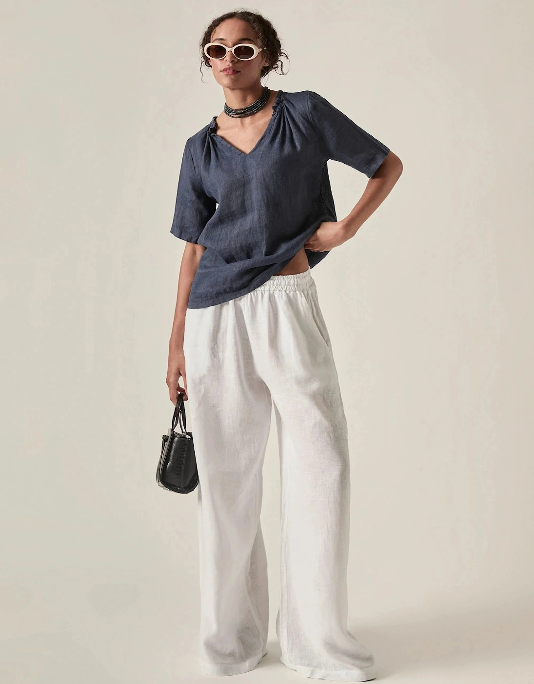 Navy Pure Linen Blouse