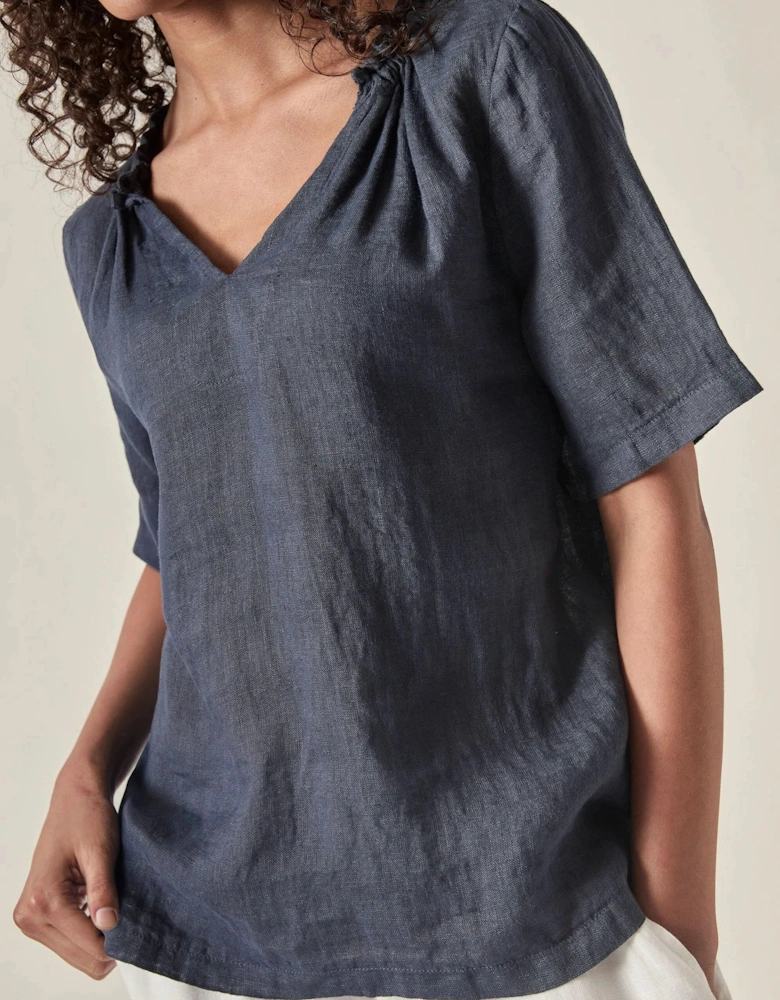 Navy Pure Linen Blouse