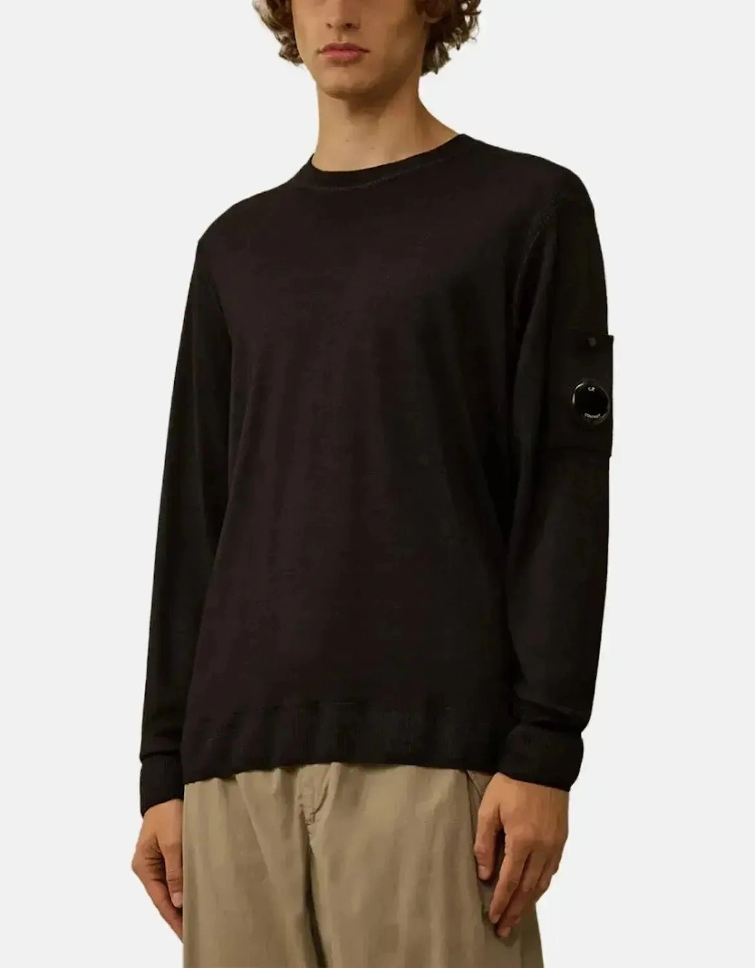 CP COMPANY MENS MERINO WOOL LENS DETAIL CREWNECK KNIT BLACK
