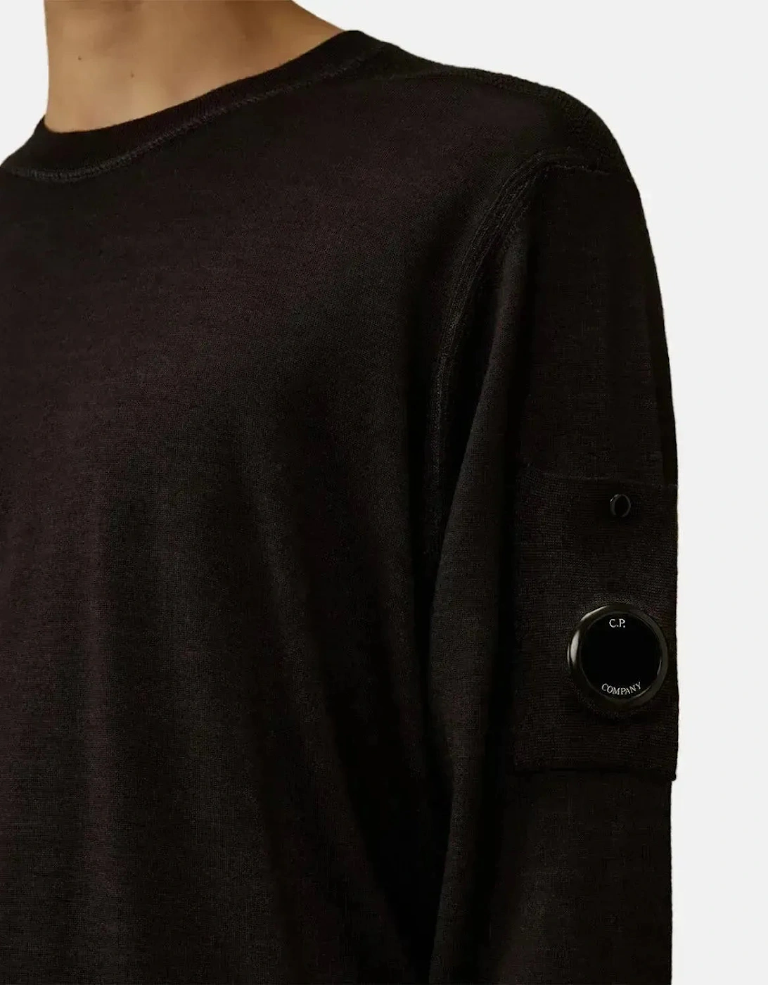 CP COMPANY MENS MERINO WOOL LENS DETAIL CREWNECK KNIT BLACK