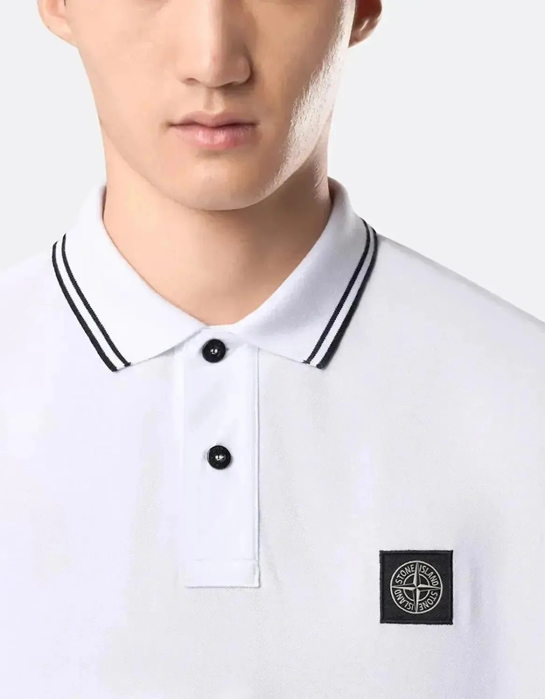 STONE ISLAND MENS 2200007 ORGANIC STRETCH COTTON TIPPED SLIM FIT POLO SHIRT WHITE