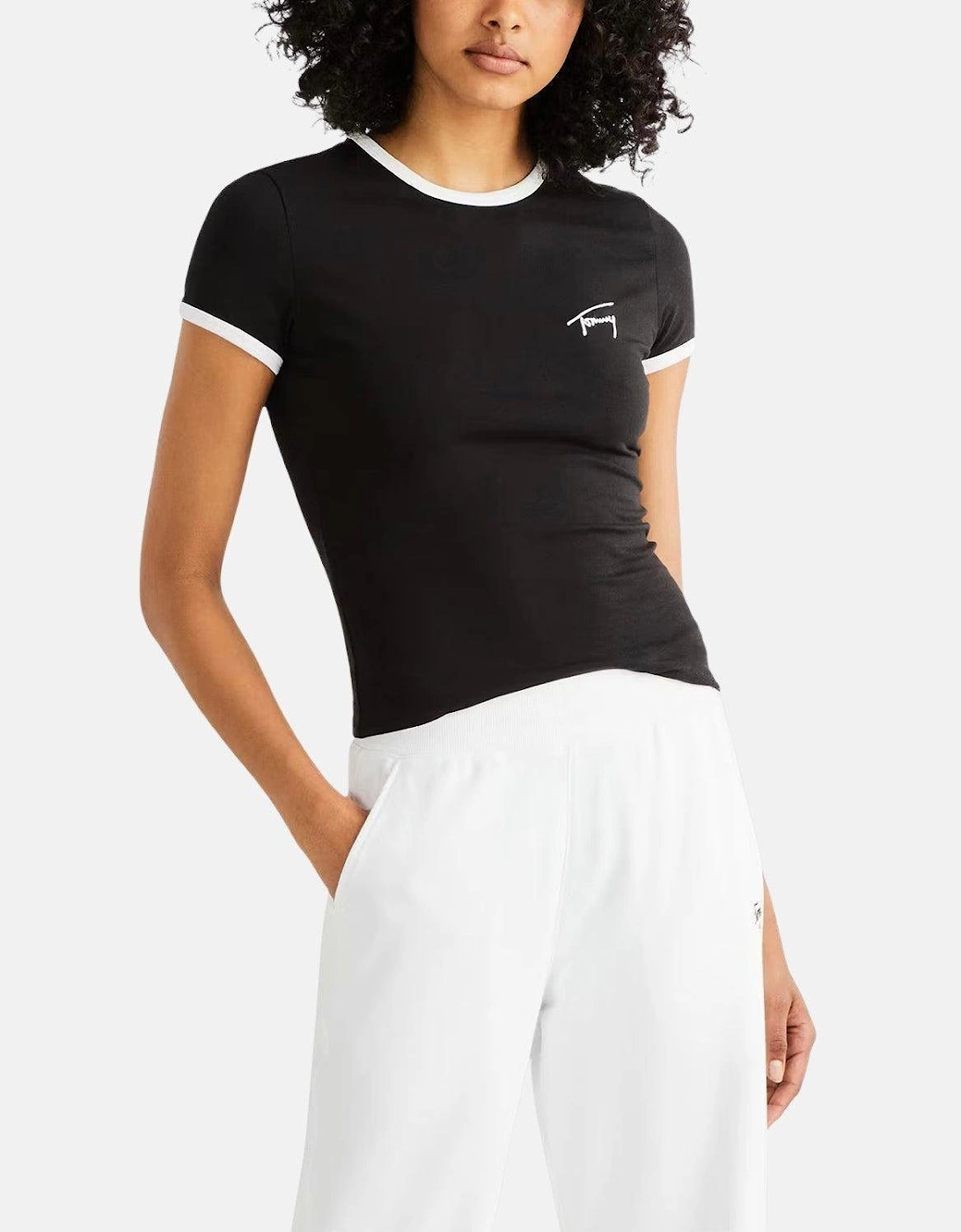 TOMMY HILFIGER WOMENS TJ SCRIPT RINGER T-SHIRT BLACK