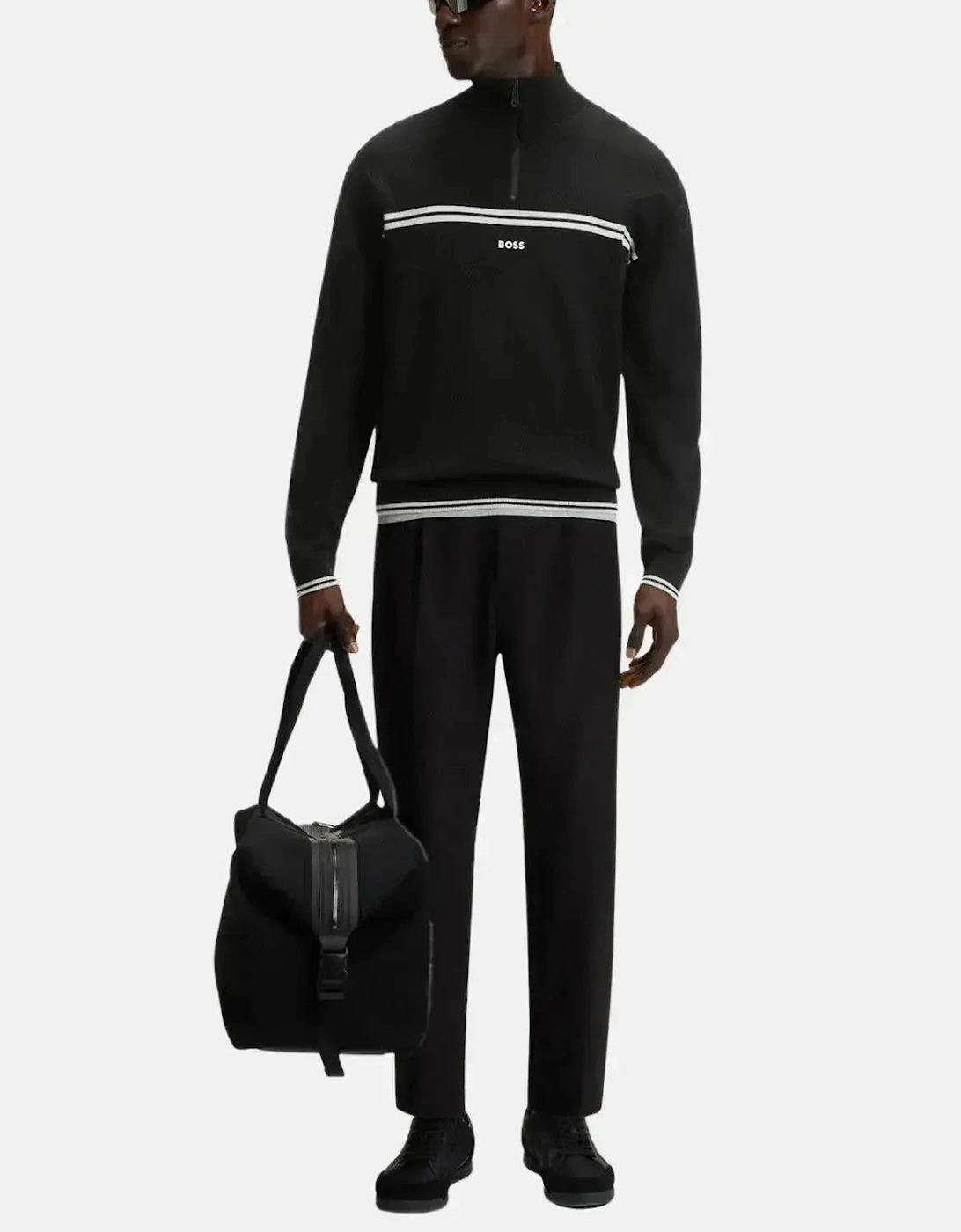 BOSS MENS K-ZONE STRIPE DETAIL 1/4 ZIP KNIT BLACK