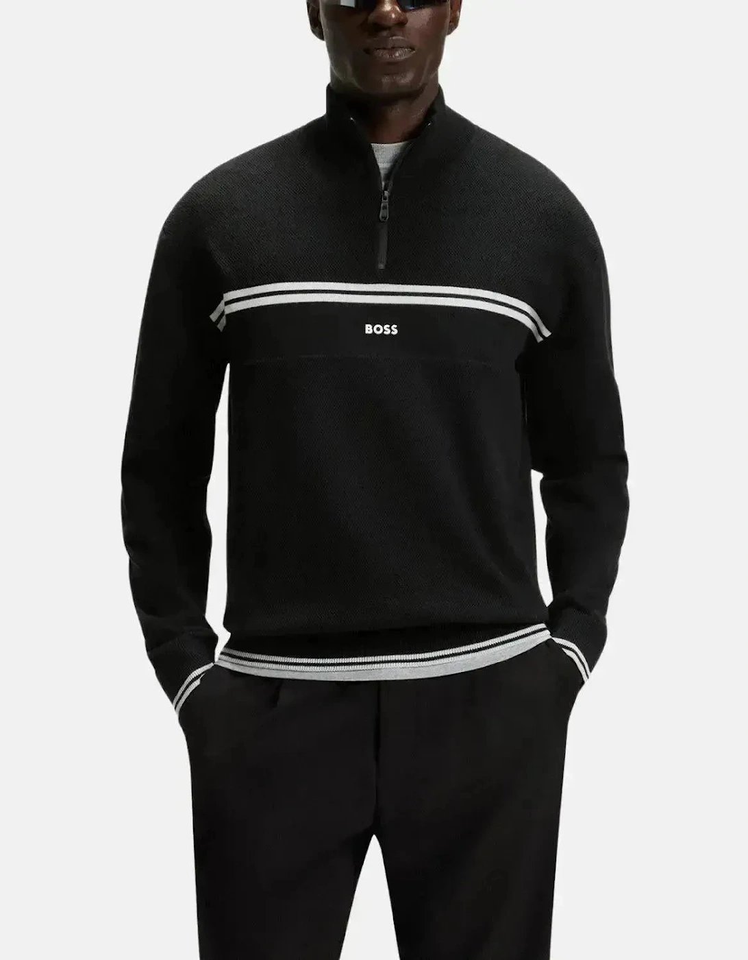 BOSS MENS K-ZONE STRIPE DETAIL 1/4 ZIP KNIT BLACK