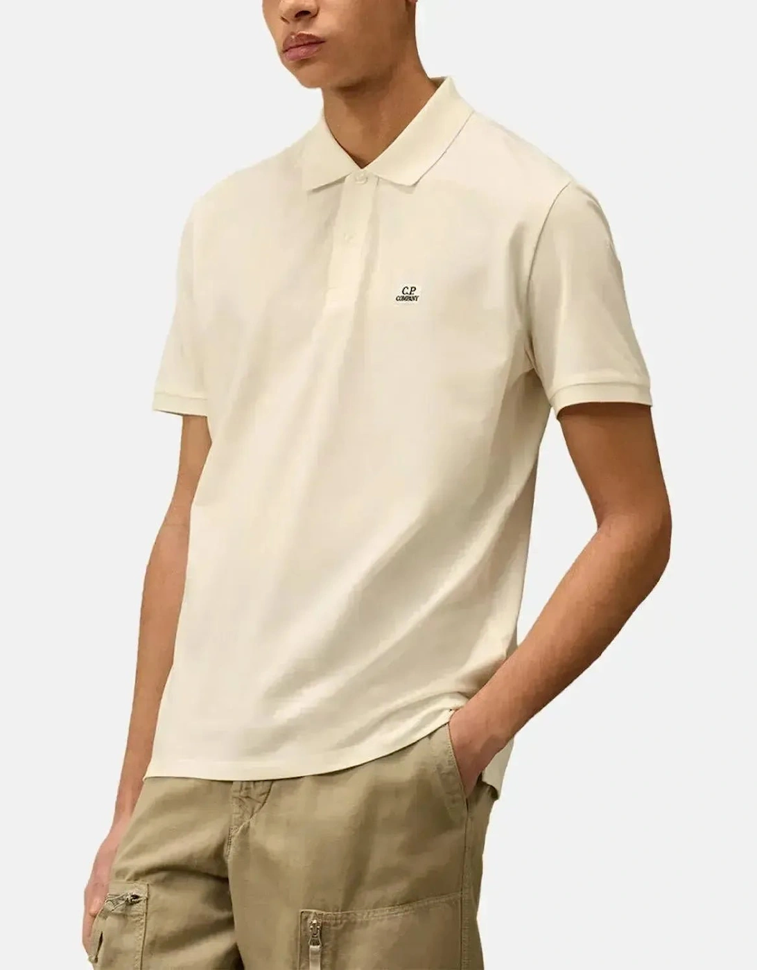CP COMPANY MENS STRETCH PIQUET LOGO POLO GAUZE WHITE