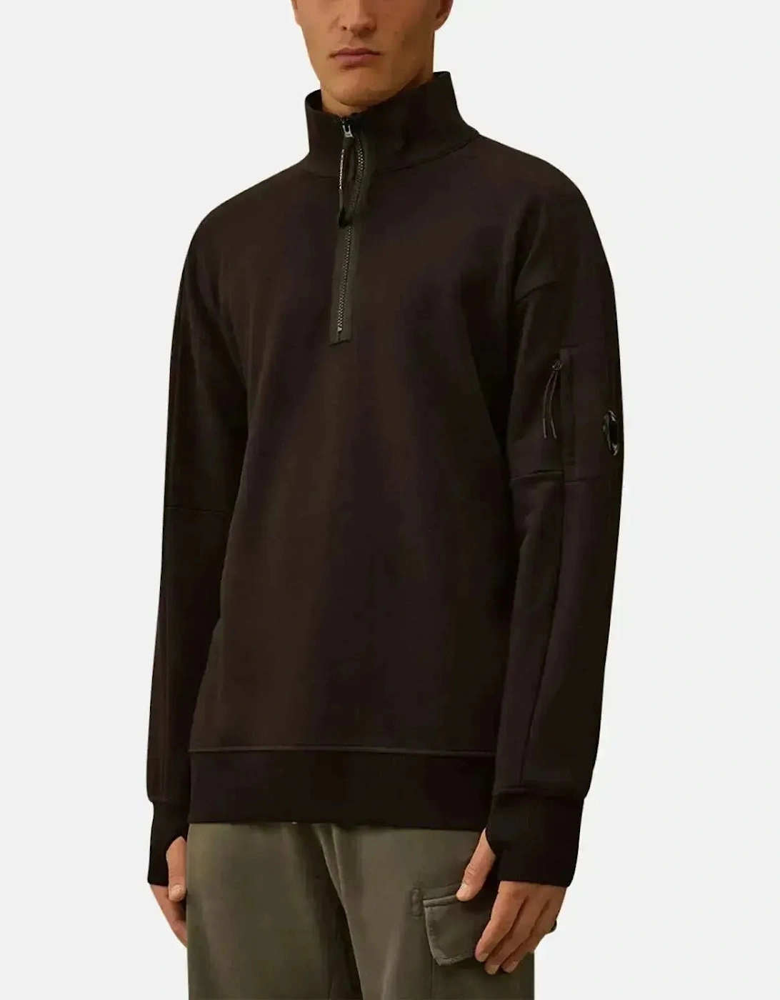 CP COMPANY MENS DIAGONAL RAISED FLEECE 1/4 ZIP SWEATSHIRT BLACK