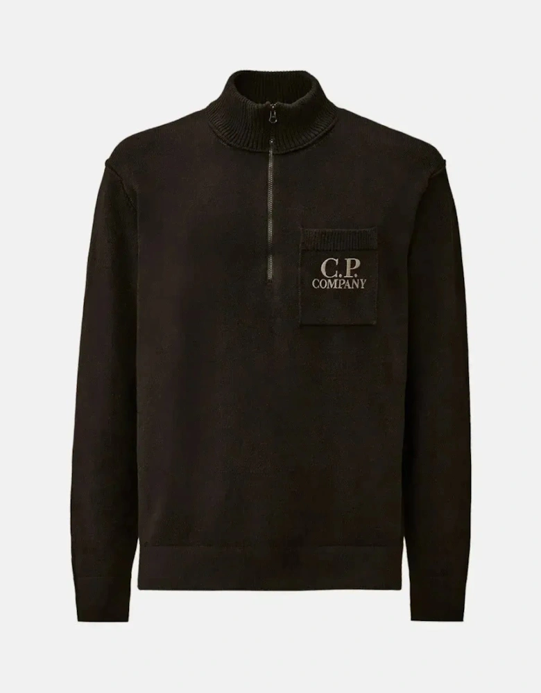 CP COMPANY MENS SOFT COTTON STRETCH CHEST POCKET 1/4 ZIP KNIT BLACK